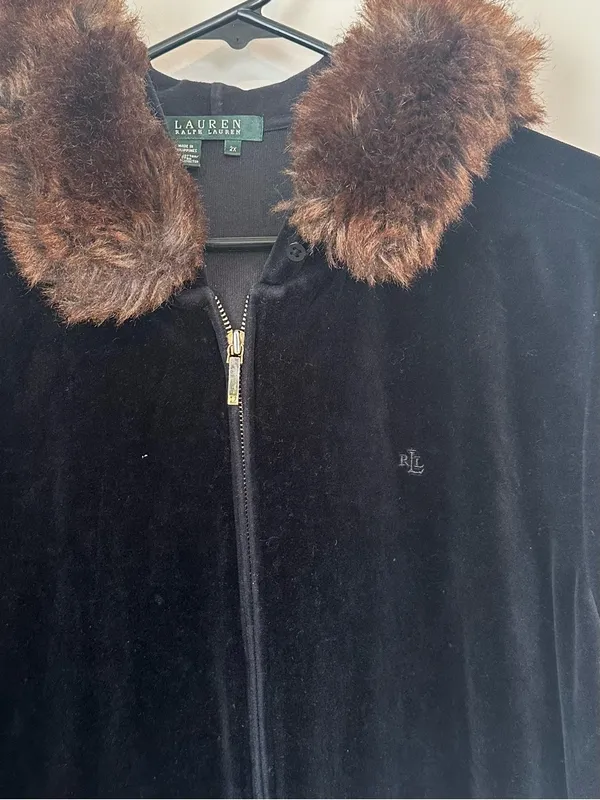 Ralph Lauren Navy Black Velvet Velour Zip Jacket with Removable Faux Fur Trim 2X - Image 3
