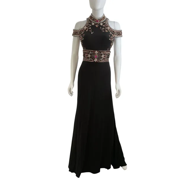 Mac Duggal Womens Black Beaded Cold Shoulder Open Back Evening Gown‎ Size 0 - Image 2