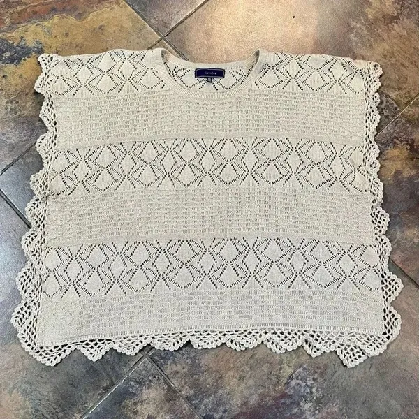 Lumiere Women’s Tan Knit Crochet Poncho Blouse One Size - Image 6