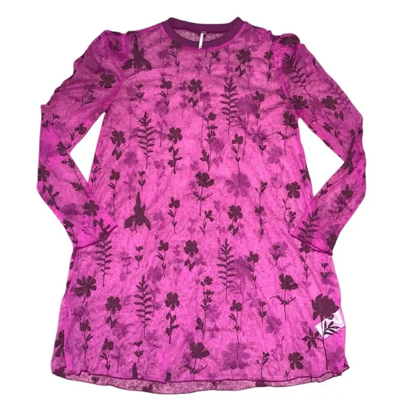 Free People XS Sheer Mesh‎ Floral Mini Dress Magenta Pink Long Sleeve Tunic - Image 3