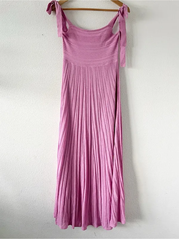 Mable Mauve Smocked Tie Shoulder Stretch Knit Pleated Midi Dress - Image 2