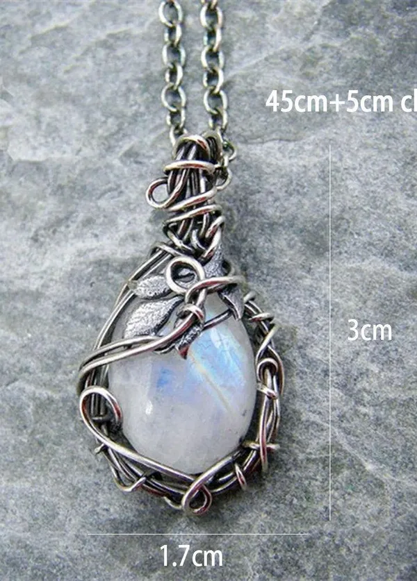 White Rainbow Moonstone Gemstone Silver Vintage Style Necklace- Pendant - Image 6