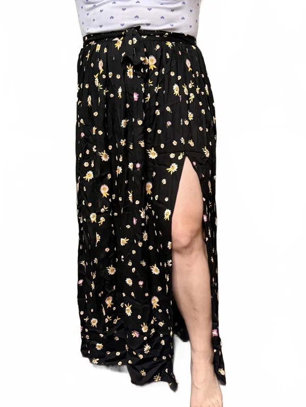 Black Floral Maxi Skirt with Side Slit and Tie Waist - Image 2