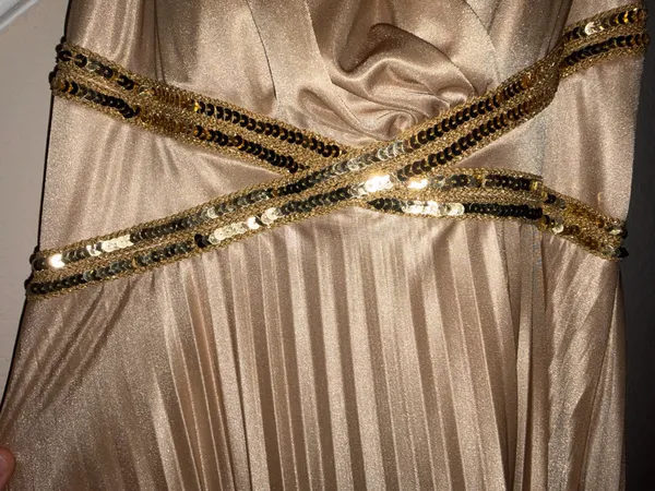 Cream Gold Masquerade Sequin Pleated Halter Strap Dress - Image 5
