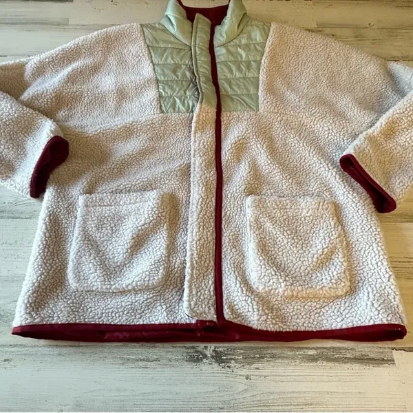 Urban Outfitters UO Mixed Media Sherpa Fleece Windbreaker Jacket Cream‎ Green Lg - Image 6