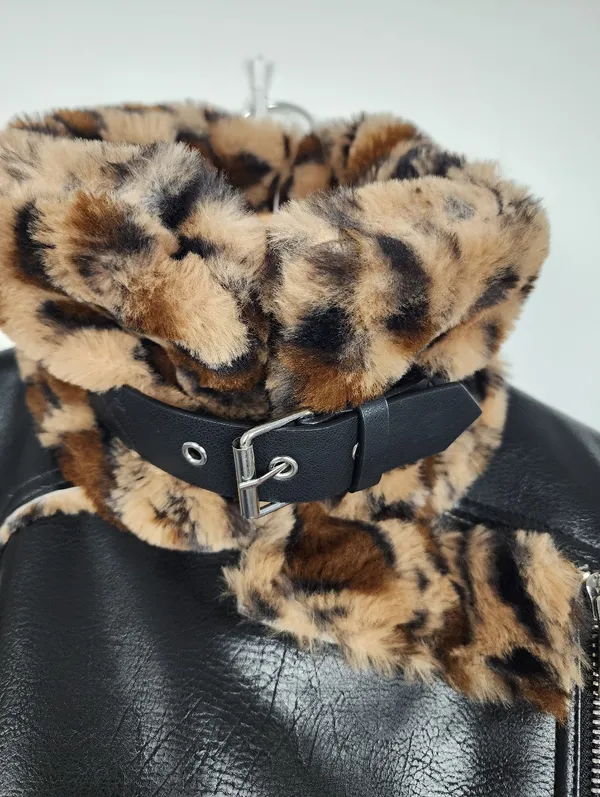 Black Faux Leather Moto Jacket with Leopard Faux Fur Accent - Image 10