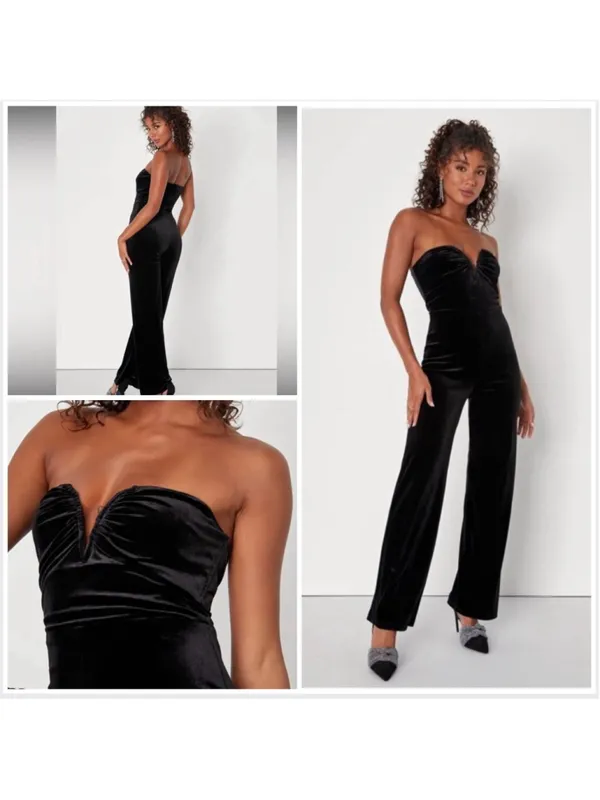 NWT Lulus Black Velvet Moody at Midnight Strapless Notched Jumpsuit XS - Image 2