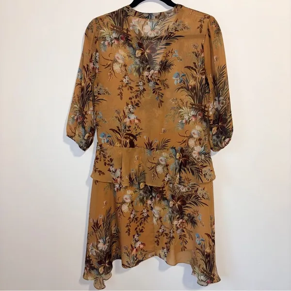 Anthropologie dRA Sheer Blouson Dress S Neutral Floral Chiffon Ruffle Office - Image 8