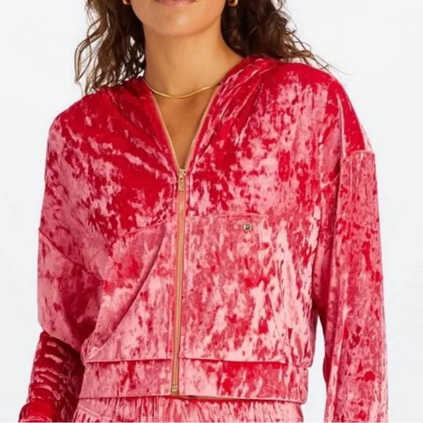 Fabletics Crushed Velour Full Zip Hoodie Jacket Size‎ S Red Strawberry New - Image 3