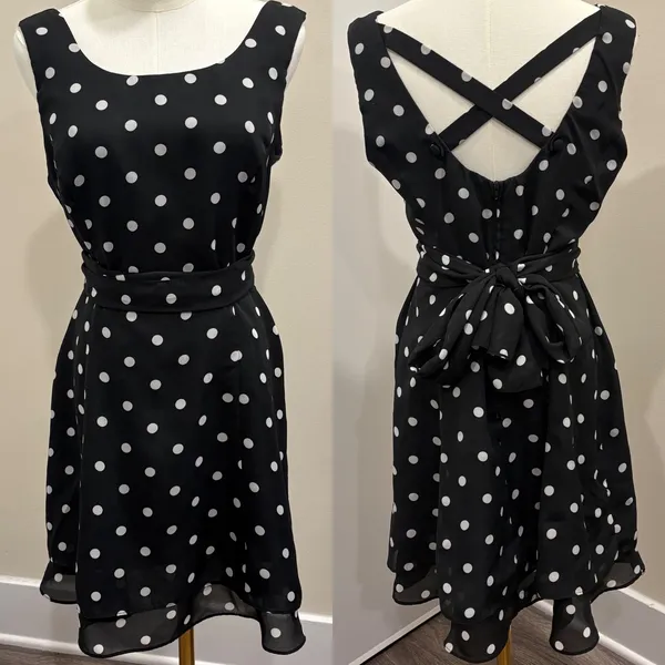 90s Scarlett Black White Polka Dot Fit Flare Dress Criss Cross Back Waist Tie‎ S - Image 2