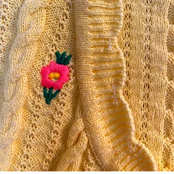MANGO Flowers Knit Cardigan in yellow with tiny embroidered pink flowers sz. XL - Image 6