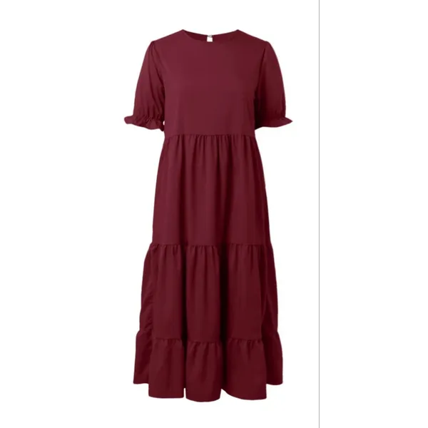 NEW Red Wine Tiered Ruffle Puff Sleeve Midi Dress M - Image 2