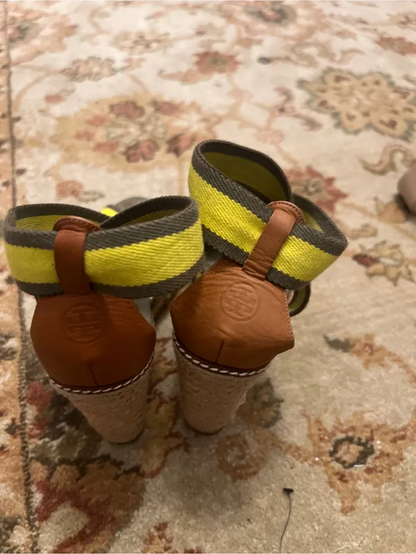 Tory Burch Yellow and Brown Espadrille Wedge Sandals - Image 3