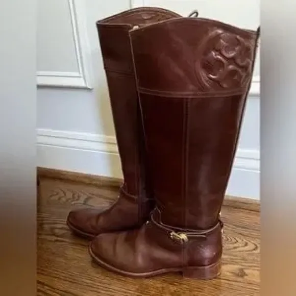 Tory Burch Marlene Riding Boots Brown Leather 9M Gold Buckle Equestrian Tall - Image 4