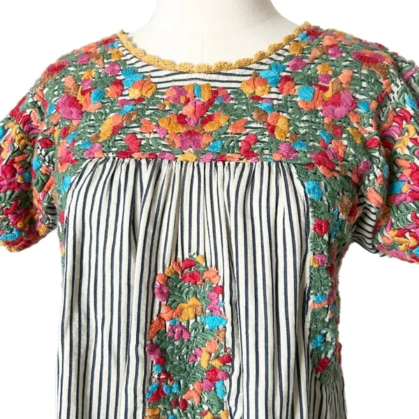 Sister Mary Stripe Marylou Embroidered Floral Boho Mini Dress Navy Blue XS - Image 3
