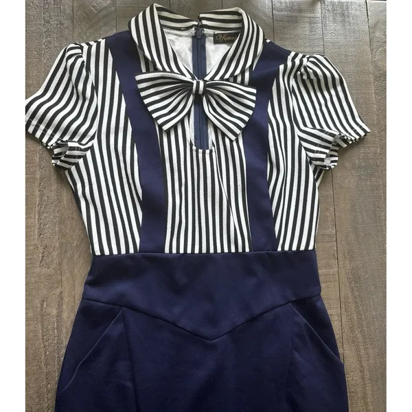 VFemage Women's black white strip navy blue vintage-style‎ sailor dress Size 12 - Image 9