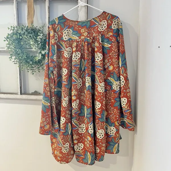 Umgee Plus 1XL Floral Paisley Chiffon Shift‎ Tunic Dress Orange Boho Bell Sleeve - Image 3