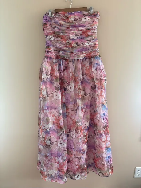 Lulus Kasandra Pink Multi Floral Organza Drop Waist Maxi Dress Size XL Strapless - Image 4