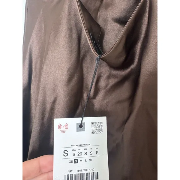 NWT Zara Brown Satin Jewelry Back Mini Dress Size Small High Neck Cocktail - Image 6
