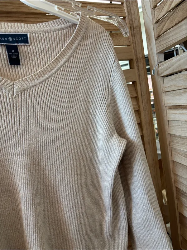 Karen Scott Ribbed V-Neck Sweater in Beige Medium - Image 3