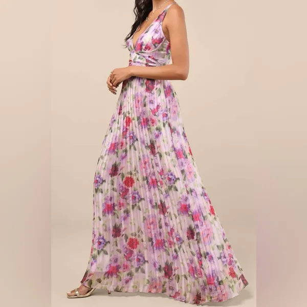 LULU’S Morgana Pink Multi Floral Satin Pleated Maxi Dress - Image 4