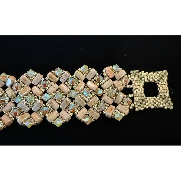 Handmade Women 7" Glass Beaded Toggle Bracelet Tan‎ Blue Iridescent Western Art - Image 2