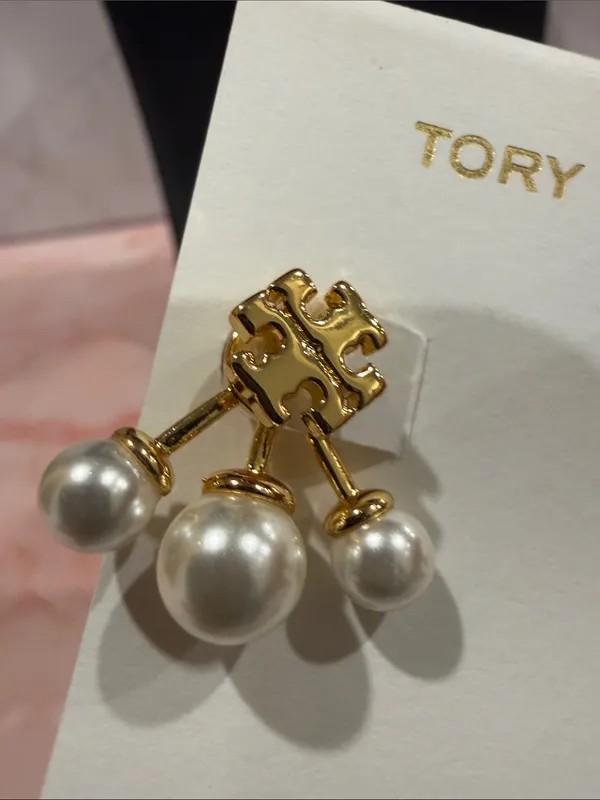 Tory Burch | Gold Plated Logo Earrings with Pearl Drop 3D Backs | Small - Image 2
