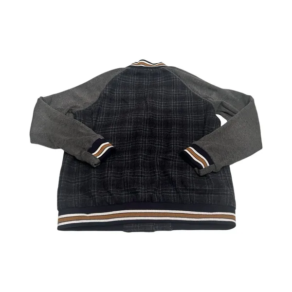 Hem & Thread‎ Womens Plaid Floral Embroidered Varsity Bomber Jacket Grey Navy L - Image 5
