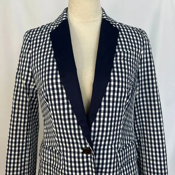 J.Crew Gingham Check Blazer Blue White Tuxedo Lapel‎ Professional Womens Size 2 - Image 3