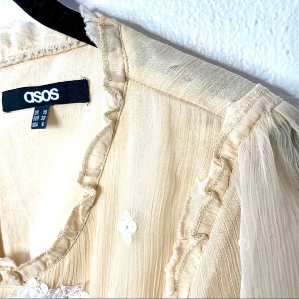 ASOS Sequin Flower Sheer Sleeve Nude Dress Size 6 - Image 3