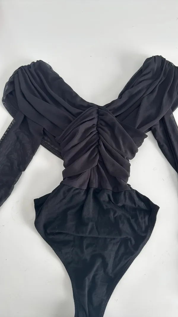 Black mesh bodysuit with long sleeves and an off-the-shoulder neckline size XS - Image 3