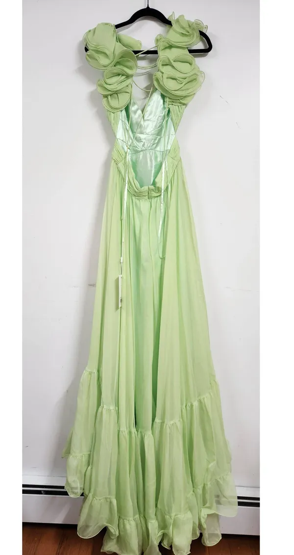 Mac Duggal Ruffle Tiered Cut-Out Chiffon Gown mint color size 8. H - Image 11