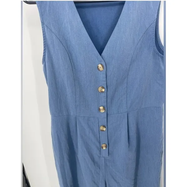 SheIn Vintage Blue Sleeveless‎ Jumpsuit V-Neck Button-Front Casual Chic size L - Image 2