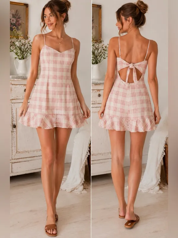 Olivaceous Plaid Mini Cotton Gauze Dress Pink Cottagecore Open Back M Ruffle Hem - Image 2