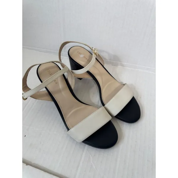 Cole Haan Black Cream Leather Heeled Sandals Womens 6.5 Preppy Dressy Shoes - Image 10