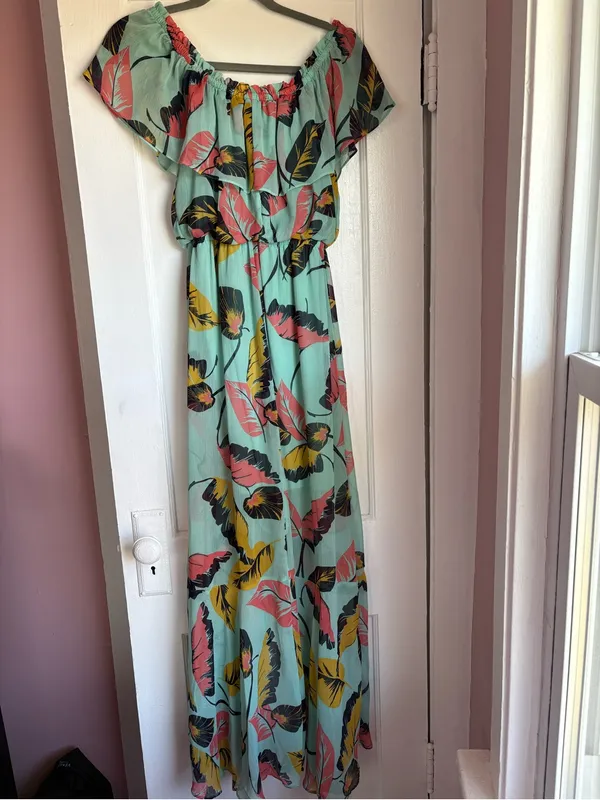 Express Tropical Ruffle Off the Shoulder High Low Maxi Dress Mint Green Small - Image 6
