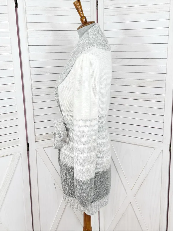 St. John's Bay Stripe Colorblock Shawl Collar Belted Cardigan Sweater Grey White - Image 2