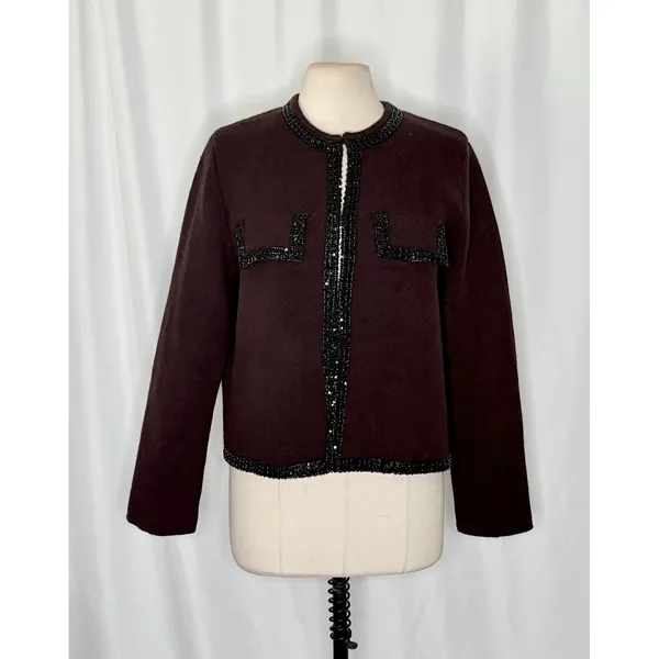 ZARA Wool Beaded Cardigan Sweater Knitwear Embellished Cropped Solid X-Large - Image 2