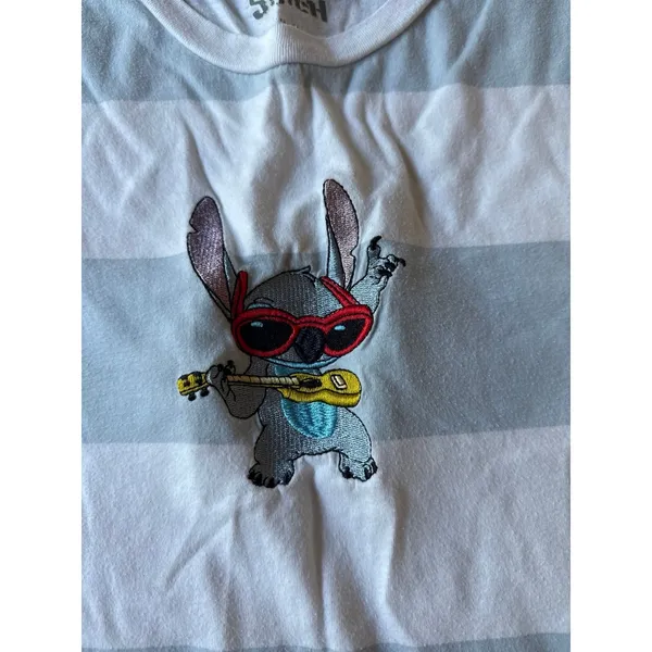 Disney Stitch Women's Light Blue White Stripped Stitch embroidered Tee Size M‎ - Image 2