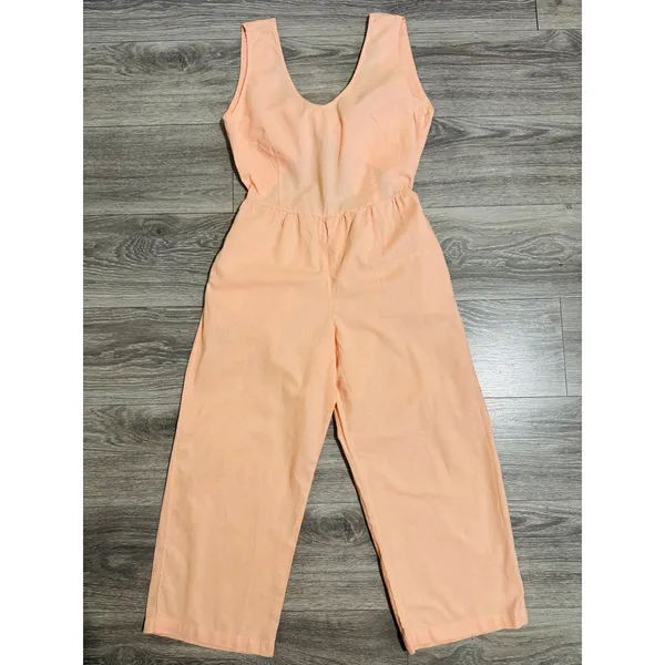 Cottagecore Peach‎ Sleeveless Wide Leg Jumpsuit XS Open Back Tie Pocketed Romper - Image 3