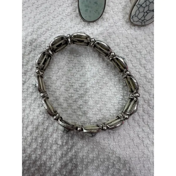 Boho Southwestern Silver Tone Faux Turquoise Marble Ring and Bracelet Set 3pc - Image 2