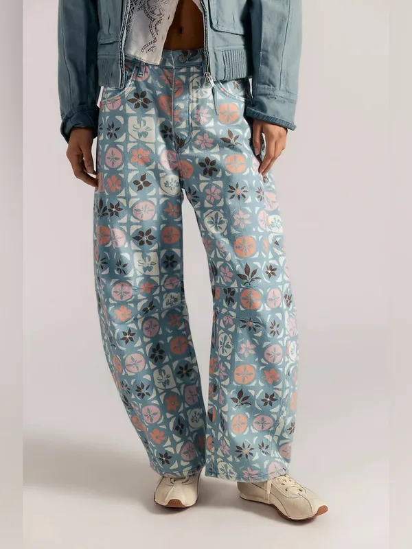 NWOT Free People We The Free Good Luck Printed Barrel Jeans - Jade Combo - 26 - Image 3