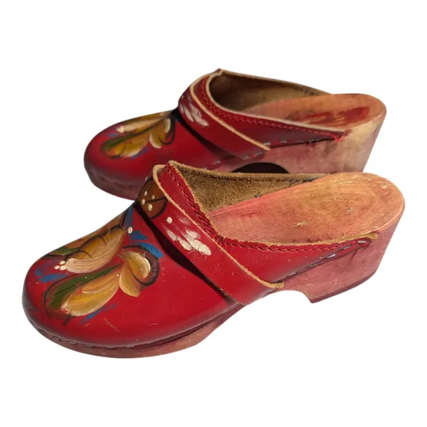 Vtg 1970s Holie Red Leather Hand Painted Wooden Sole Swedish Clogs Sz 36 5.5 - Image 5