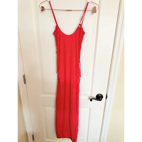 Staple & Hue Maxi Dress Women XS Red Ribbed‎ Knit Tie Shoulder Ruched Bodycon - Image 4
