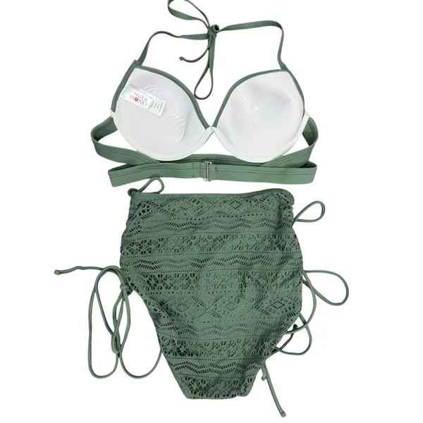 Hula Honey Strappy Lace Up Crochet Bikini Top & Bottom Set Green Size Medium - Image 2