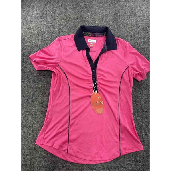 Greg Norman ML75 Play Dry Golf Polo Women Small Bright Pink Navy Ruched NWT - Image 4