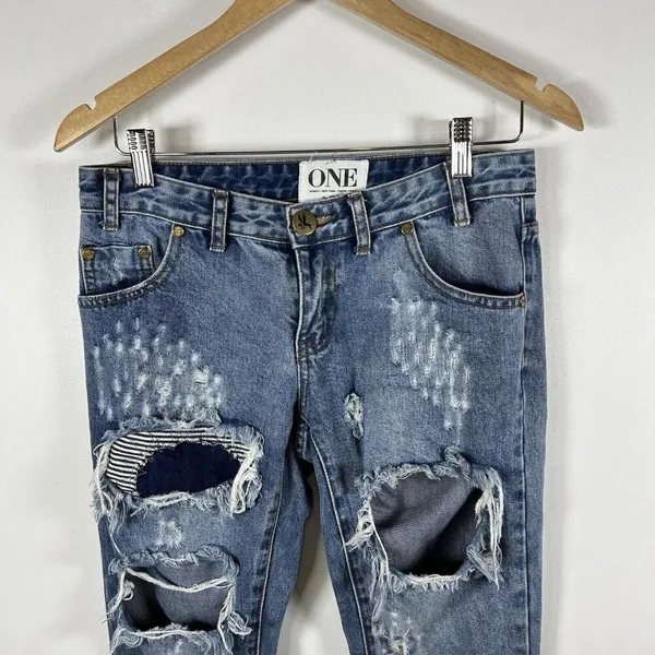 One By One Teaspoon Trashed Free Birds Distressed Low Rise Medium Wash Jeans 24‎ - Image 3