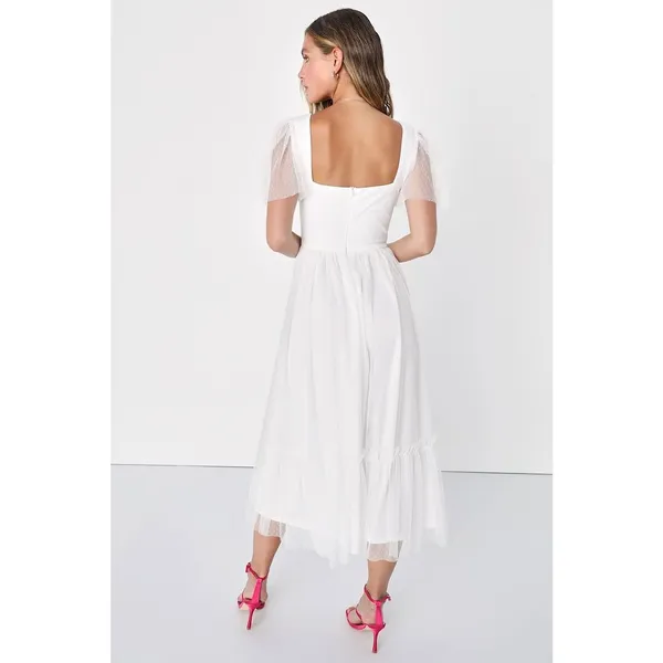 NWT Lulus Dreamy Celebration White Tulle Bustier Swiss Dot Midi Dress Bride XS - Image 2