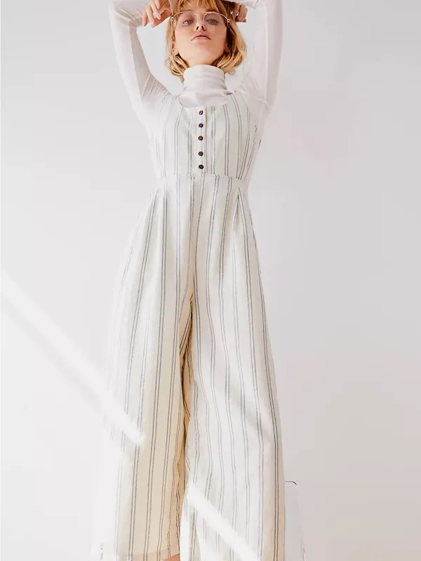 Free People Cream & Navy PinStriped Linen Tie-Shoulder Wide Leg Crop Jumpsuit 2 - Image 5