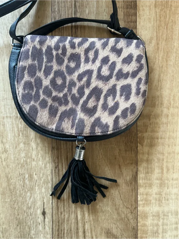 Claire's Leopard Print Crossbody Saddle Bag - Black and Taupe - Image 2